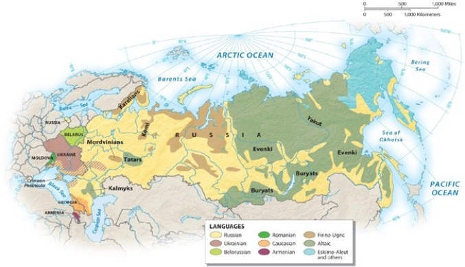 What language group dominates in the Russian Domain?   A)  Slavic B)  Altaic C)  Eskimo-Aleut D)  Finno-Ugric E)  Tibetan