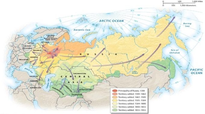 Where were most of Russia's major territorial gains in the nineteenth century?   A)  Eastern Europe B)  Central Asia C)  Northern Europe D)  the Pacific region of Asia E)  the Baltic Republics