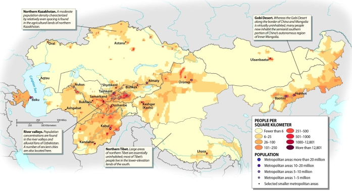 Which of the following is one of the most densely populated regions of Central Asia?   A)  the Gobi Desert B)  the lowlands of Azerbaijan C)  northern Tibet D)  Xinjiang E)  the Kara Kum