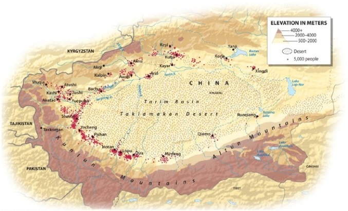 In the Tarim Basin, where do most of the people reside?   A)  in the foothills of the mountains along the basin's edge B)  near the basin's center C)  high in the mountains surrounding the basin D)  toward the eastern opening of the basin E)  in an evenly distributed pattern, throughout the region