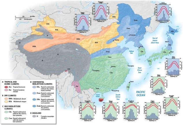   -Where would you find the mildest climate of East Asia? A)  the Japanese islands that lie closest to Russia B)  the northern portion of the Korean peninsula C)  southeastern China D)  southwestern China E)  central China
