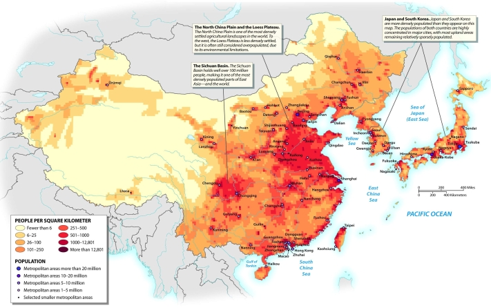 What is the most densely populated part of East Asia?   A)  China B)  South Korea C)  Japan D)  North Korea E)  Hong Kong