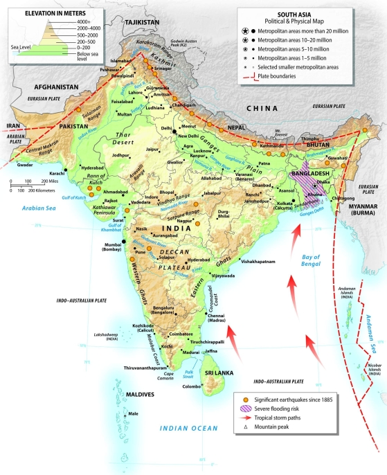 Where do the Himalayan Mountains lie, relative to the region of South Asia?   A)  east of South Asia B)  north of South Asia C)  west of South Asia D)  south of South Asia E)  in the center of South Asia
