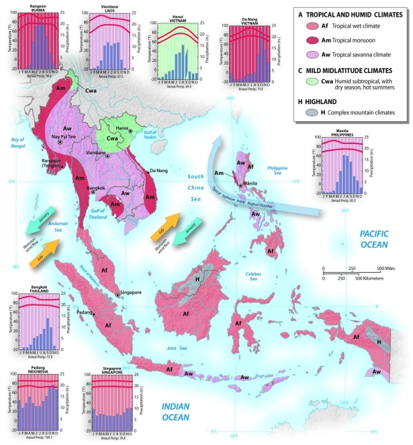 What type of climate dominates in most of insular Southeast Asia?   A)  occasionally hot and humid B)  constantly hot and dry C)  constantly cool and humid D)  constantly cool and dry E)  constantly hot and humid