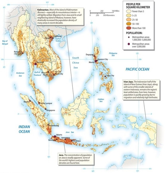 Where is the population of mainland Southeast Asia concentrated?   A)  in the mountains B)  along the coasts C)  along river deltas D)  near the centers of their respective countries E)  at the edges of forest regions