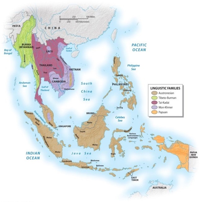 Which of the following phrases best describes the linguistic geography of Southeast Asia?   A)  There are five distinct languages, and each one can be placed in a different language group. B)  There are several hundred distinct languages that can be placed into five major linguistic groups. C)  There are five languages, and they are all in the same language group. D)  Each island has its own unique language. E)  Because there are so many languages in this region, ASEAN has required that everyone in the region learn English.