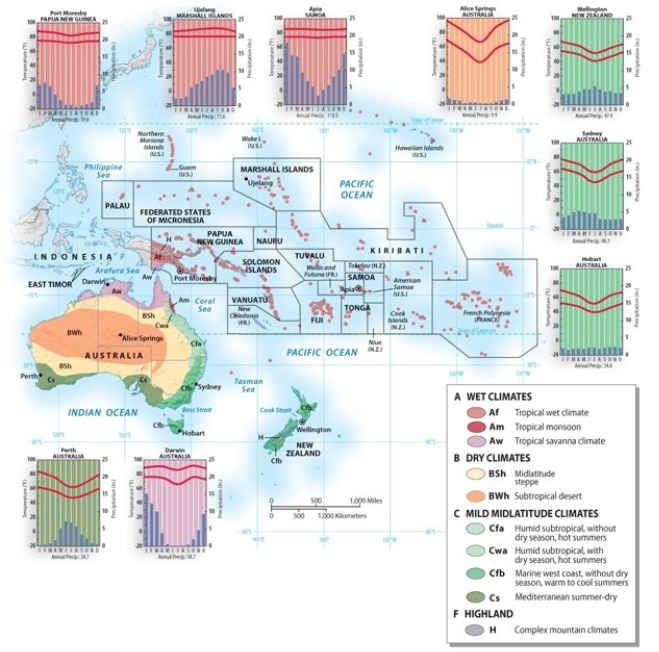 Which part of the Australia/Oceania region receives the LEAST amount of precipitation?   A)  the northeast coast of New Zealand B)  the mid-slopes of the 13,000-foot-plus volcanoes of the island of Hawaii C)  anywhere in Samoa D)  the largest of the Marshall Islands E)  the interior of Australia