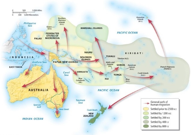 Of the following places in Australia/Oceania, which was the first to be settled by humans?   A)  Australia B)  New Zealand C)  Fiji D)  Hawaii E)  Cook Islands