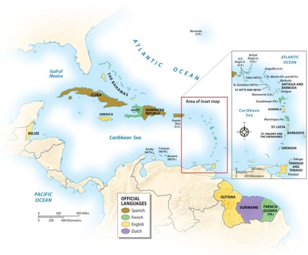 According to the graphic below, what is the official language of St. Lucia?   A) Spanish B) English C) Portuguese D) Dutch E) Creole