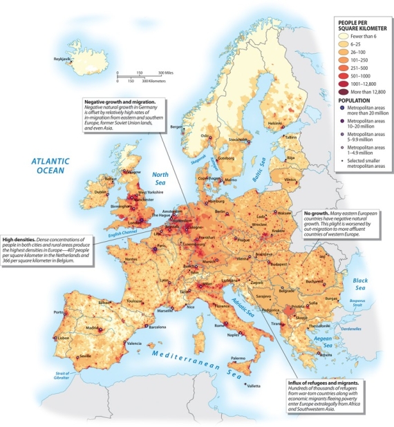 According to the graphic below, which of the following countries of Europe has the highest population density?   A) Germany B) France C) Italy D) Netherlands E) Spain