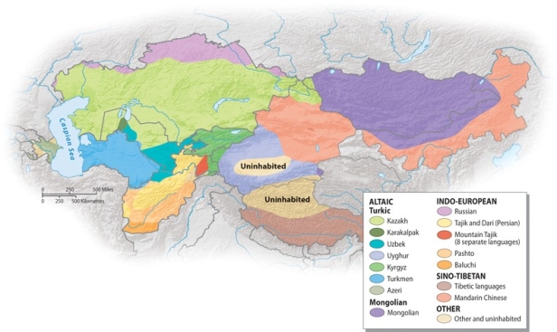 Using the graphic below, what linguistic family dominates the region?   A) Indo-European B) Tibeto-Burman C) Sino-Tibetan D) Dravidian E) Altaic