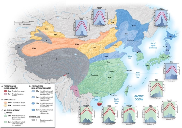 Using the graphic below, which East Asian city has warm temperatures year-round and an average of about 85 inches of rain during the year?   A) Chongqing, China B) Tokyo, Japan C) Seoul, South Korea D) Hong Kong, China E) Taipei, Taiwan