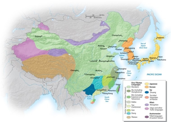 Using the graphic below, which of the following languages covers the most in area?   A) Min B) Wu C) Mandarin D) Gan E) Hakka