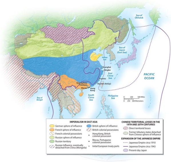 Looking at the graphic below, the British sphere of influence in the nineteenth century in China and East Asia was mainly in   A) the north, along Mongolia. B) the east, in Japan. C) southern and central China. D) the far west, near the Afghan border. E) the Korean peninsula.