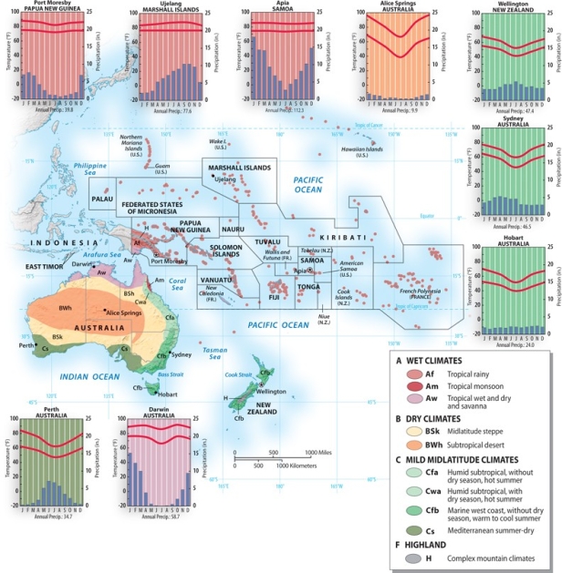 Looking at the climate map of Australia and Oceania shown below, what type of climate is interior Australia? A) Mediterranean B) humid subtropical C) complex mountain climates D) subtropical desert E) tropical monsoon
