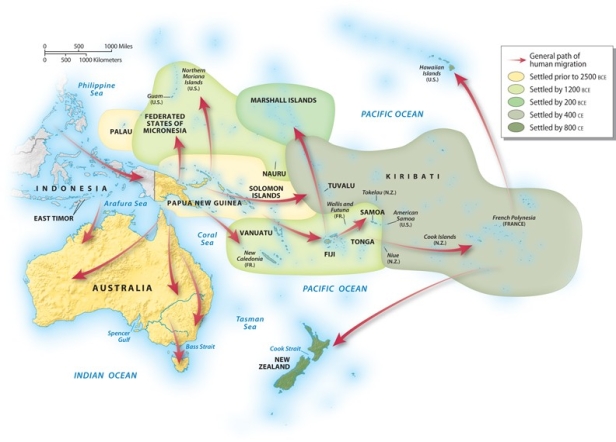 Using the graphic below, by what year had human migrations settled the Federated States of Micronesia?   A) settled by 1200 BCE B) settled by 400 CE C) settled by 200 BCE D) settled by 800 CE E) settled prior to 2500 BCE