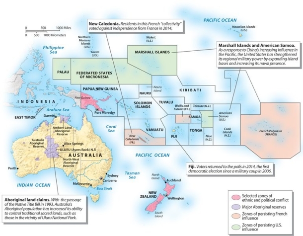 Using the graphic below, what subregion of Australia and Oceania is undergoing ethnic and political conflict?   A) Australia B) New Zealand C) Federated States of Micronesia D) New Caledonia E) Marshall Islands