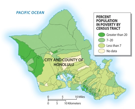 Using the graphic below, what region of Oahu experiences the highest percent population in poverty?   A) central Oahu B) southern Oahu C) northern Oahu D) eastern Oahu E) western Oahu