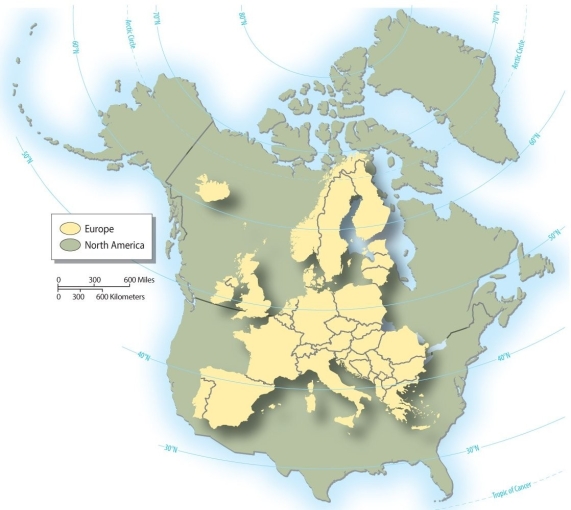 How does Europe compare in size (area) to the United States?   A)  It is roughly two-thirds of the United States. B)  It is about the size of the state of Texas. C)  It is the same size as the United States. D)  It is equal in size to the continental United States plus Alaska and Hawaii. E)  It is the largest continent on the planet, far larger than the United States.