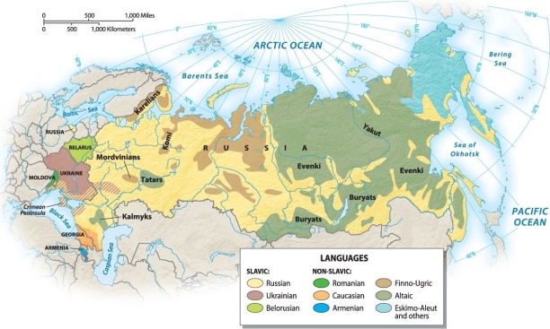What language group dominates in the Russian Domain?   A)  Slavic B)  Altaic C)  Eskimo-Aleut D)  Finno-Ugric E)  Tibetan