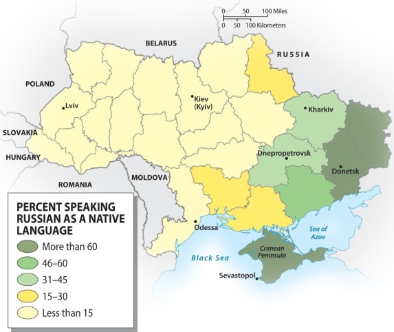 Using the map below,in the Ukraine,Russian speakers are largely found in what part of the country?   A)  northern B)  southern C)  western D)  eastern E)  there are no Russian speakers in the Ukraine