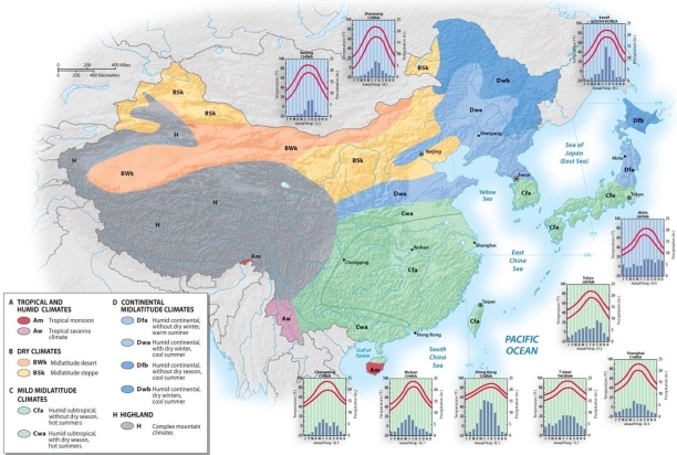 Not including the small areas in East Asia where the climate is tropical,where would you find the mildest climate of East Asia?   A)  the Japanese islands that lie closest to Russia B)  the northern portion of the Korean peninsula C)  southeastern China, the southern portion of the Korean peninsula, and the southern portion of Japan D)  southwestern China E)  central China