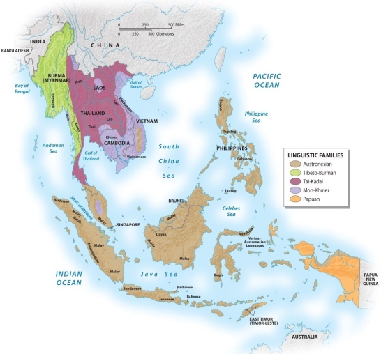 Which of the following phrases best describes the linguistic geography of Southeast Asia?   A)  There are five distinct languages, and each one can be placed in a different language group. B)  There are several hundred distinct languages that can be placed into five major linguistic groups. C)  There are five languages, and they are all in the same language group. D)  Each island has its own unique language family. E)  Because there are so many languages in this region, ASEAN has required that everyone in the region learn English.