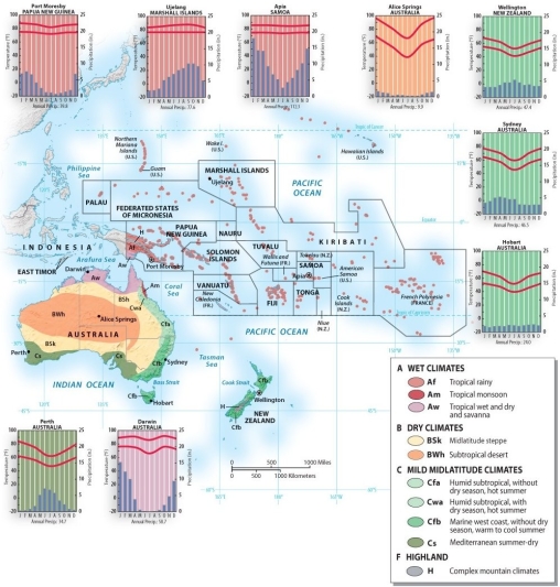 Which part of the Australia and Oceania region receives the LEAST amount of precipitation?   A)  the northeast coast of New Zealand B)  the mid-slopes of the 13,000-foot-plus volcanoes of the island of Hawaii C)  anywhere in Samoa D)  the largest of the Marshall Islands E)  the interior of Australia