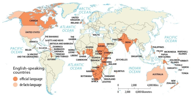 Figure 7.4, English-Speaking Countries   -In which of the following countries are French and English the official languages? A)  Canada B)  Mexico C)  Australia D)  France E)  Ivory Coast