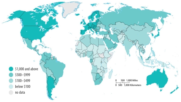 Figure 9.4.5, Health Care Expenditures per Capita   -Looking at Figure 9.4.5, which of the following regions spends more money on health care per capita? A)  Sub-Saharan Africa B)  South Asia C)  Southeast Asia D)  Southwest Asia E)  Latin America