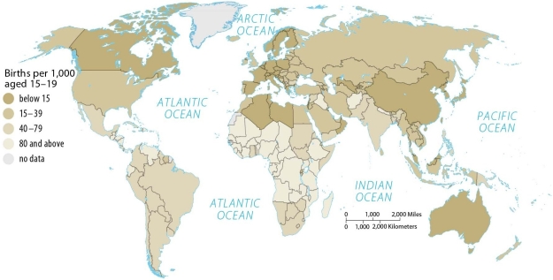 Figure 9.5.6, Births per 1,000 aged 15-19   -Looking at Figure 9.5.6, which of the following countries has the highest adolescent fertility rates? A)  Mexico B)  Morocco C)  China D)  Australia E)  Sweden