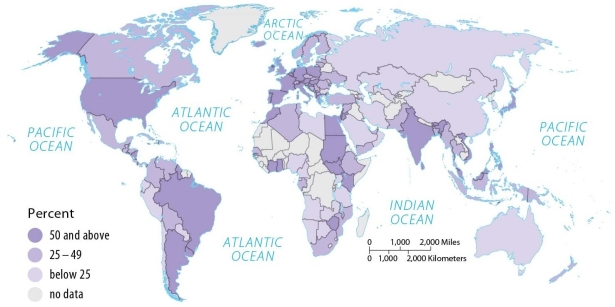 Figure 9.8.4, Debt as Percent of GNI   -According to Figure 9.8.4, which of the following countries has the highest debt as a percentage of GNI? A)  U.S. B)  Canada C)  Russia D)  China E)  Australia