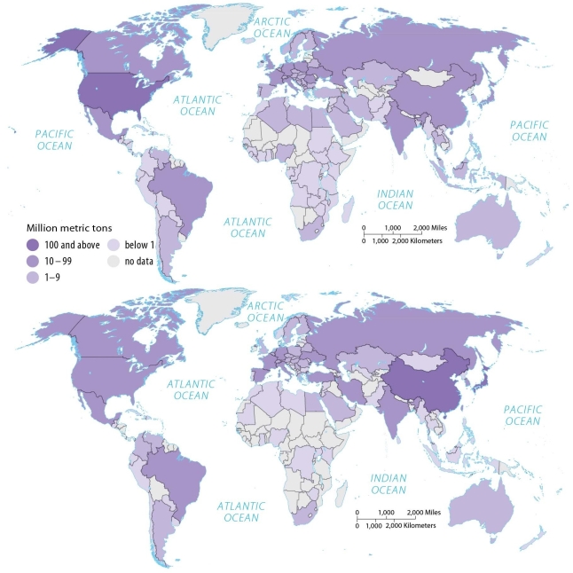 Figure 11.4.4, World Steel Production, 1980 and 2010   -Looking at Figure 11.4.4, which of the following countries had the highest steel production in 2010? A)  Argentina B)  Russia C)  China D)  United States E)  Brazil