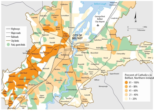 Figure 6.8.3   -This map demonstrates A)  Catholics are clustered in eastern Belfast. B)  Catholics are clustered in western Belfast. C)  Catholics are clustered in Northern Ireland. D)  Protestants are clustered in western Belfast. E)  people are well dispersed by religious adherence.