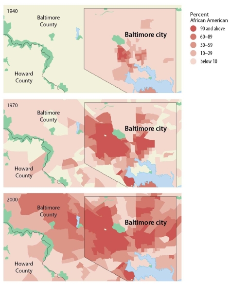 Figure 7.3.5   -Which of the below is the best explanation for the pattern of diffusion shown in the maps? A)  Early migrants were reluctant to move into the countryside since the city was all they knew. B)  African Americans first migrated to neighborhoods where other African Americans lived. C)  Baltimore passed a law in 1940 allowing African Americans to migrate. D)  Growth resulted from natural increase in the African American population. E)  Baltimore was the destination of large numbers of refugees.