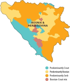 Figure 7.8.3   -Examining this map of Bosnia & Herzegovina reveals A)  Bosnia & Herzegovina today is a very unstable country. B)  Croats face daily discrimination. C)  ethnic cleansing removed many Bosnian Muslims. D)  Bosnians and Croats united against Serbs. E)  the greatest conflict was over Kosovo, which is now independent.