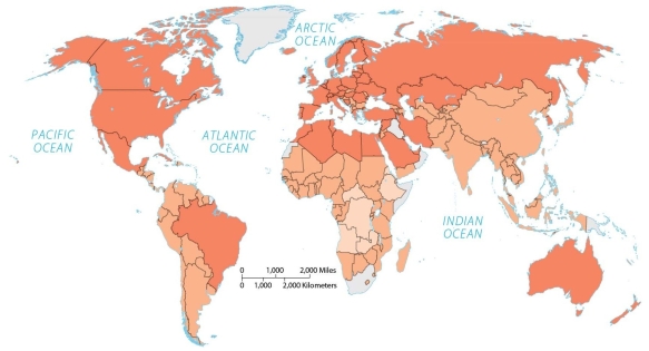 Figure 10.3.1   -If darker shades represent higher values,this is most likely a map of A)  dietary energy consumption. B)  percent of income spent on food. C)  percent undernourished. D)  change in number undernourished. E)  per capita fish consumption.