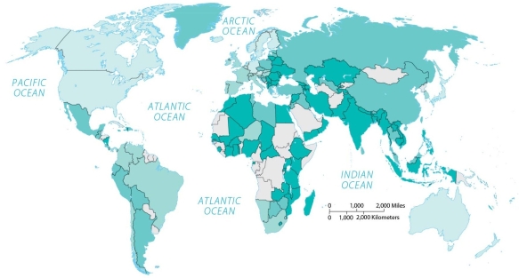 Figure 10.3.3   -If darker shades represent higher values,this is most likely a map of A)  dietary energy consumption. B)  percent of income spent on food. C)  percent undernourished. D)  change in number undernourished. E)  per capita fish consumption.
