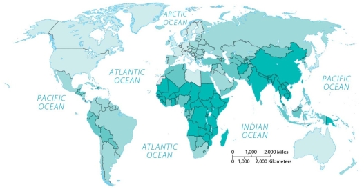Figure 10.5.1   -If darker shades indicate higher values,this is likely a map of A)  percent labor force engaged in agriculture. B)  tractors per area of farmland. C)  population density. D)  food surpluses by region. E)  economic development.