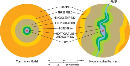 Figure 10.10.1: Von Thünen Model   -________ model is used by geographers to explain the importance of proximity to the market in the choice of crops to the commercial farm. A)  Von Thünen's B)  Whittlesey's C)  Iqbel's D)  McKinley's