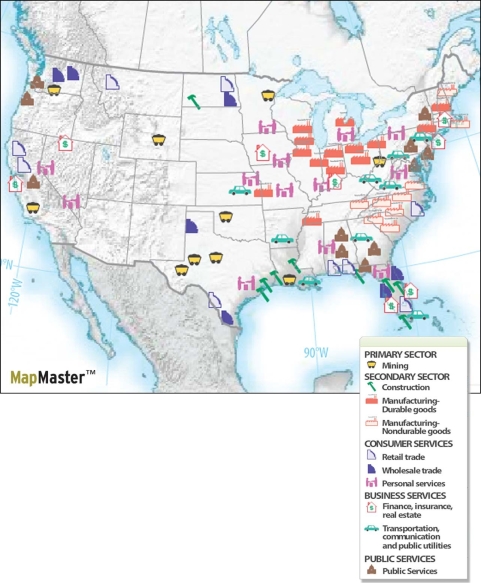 Figure 12.7.1: Economic Base of U.S. Cities   -According to Figure 12.7.1,in which of the following regions are you most likely to find manufacturing of nondurable goods in the U.S.? A)  Southern California B)  The Midwest C)  The Northwest D)  The Southeast E)  The Great Lakes region