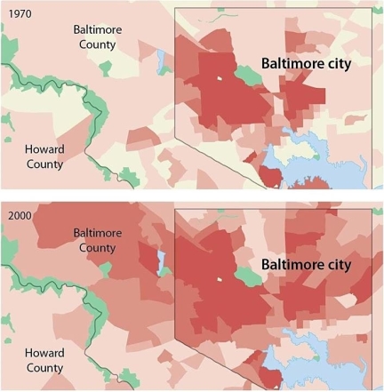 Figure 7.3.5       -Which of the statements below is the <u>best</u> explanation for the pattern of diffusion shown in the maps? A)  Early migrants were reluctant to move into the countryside since the city was all they knew. B)  African Americans first migrated to neighborhoods where other African Americans lived. C)  Baltimore passed a law in 1940 allowing African Americans to migrate. D)  Growth resulted from natural increase in the African American population. E)  Baltimore was the destination of large numbers of refugees.