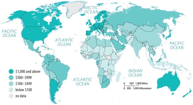 Figure 9.4.5    -On average,developed countries spend about $________ annually per capita on health care. A)  25,000 B)  18,000 C)  14,000 D)  8,000 E)  4,000