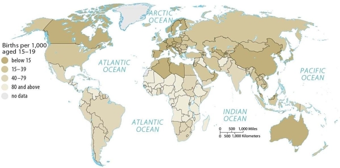 Figure 9.5.5   -Looking at Figure 9.5.5,which of the following countries has the highest adolescent fertility rates? A)  Mexico B)  Morocco C)  China D)  Australia E)  Sweden