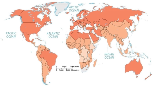 Figure 10.3.1   -If darker shades represent higher values,this is most likely a map of A)  dietary energy consumption. B)  percent of income spent on food. C)  percent undernourished. D)  change in number undernourished. E)  per capita fish consumption.