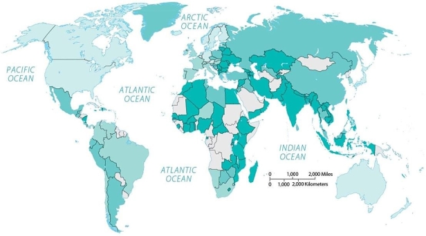 Figure 10.3.3   -If darker shades represent higher values,this is most likely a map of A)  dietary energy consumption. B)  percent of income spent on food. C)  percent undernourished. D)  change in number undernourished. E)  per capita fish consumption.