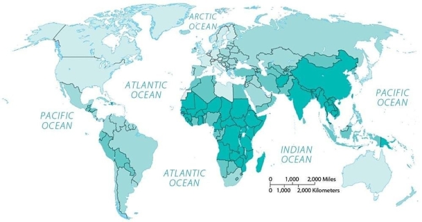 Figure 10.5.1   -If darker shades indicate higher values,this is likely a map of A)  percent labor force engaged in agriculture. B)  tractors per area of farmland. C)  population density. D)  food surpluses by region. E)  economic development.