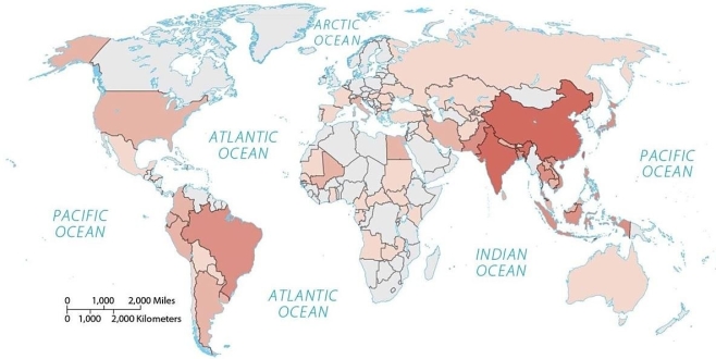 Figure 10.6.3   -If darker shades mean higher values,this is most likely a map of A)  wheat production. B)  pastoral nomadism. C)  plantation agriculture. D)  rice production. E)  shifting cultivation.