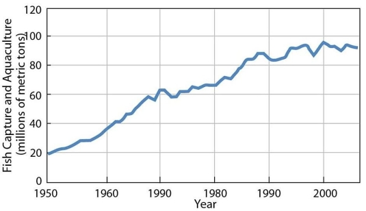 Figure 10.8.7   -This graph indicates which of the following about the global trend in fishing? A)  Despite increased effort, the total fish harvest has barely increased in the last 20 years. B)  More and more fish are being harvested every year. C)  Fish are declining as a source of food. D)  The developing world catches more fish than the developed world.