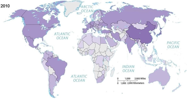 Figure 11.4.4       -Looking at Figure 11.4.4,which of the following countries had the highest steel production in 2010? A)  Argentina B)  Russia C)  China D)  United States E)  Brazil